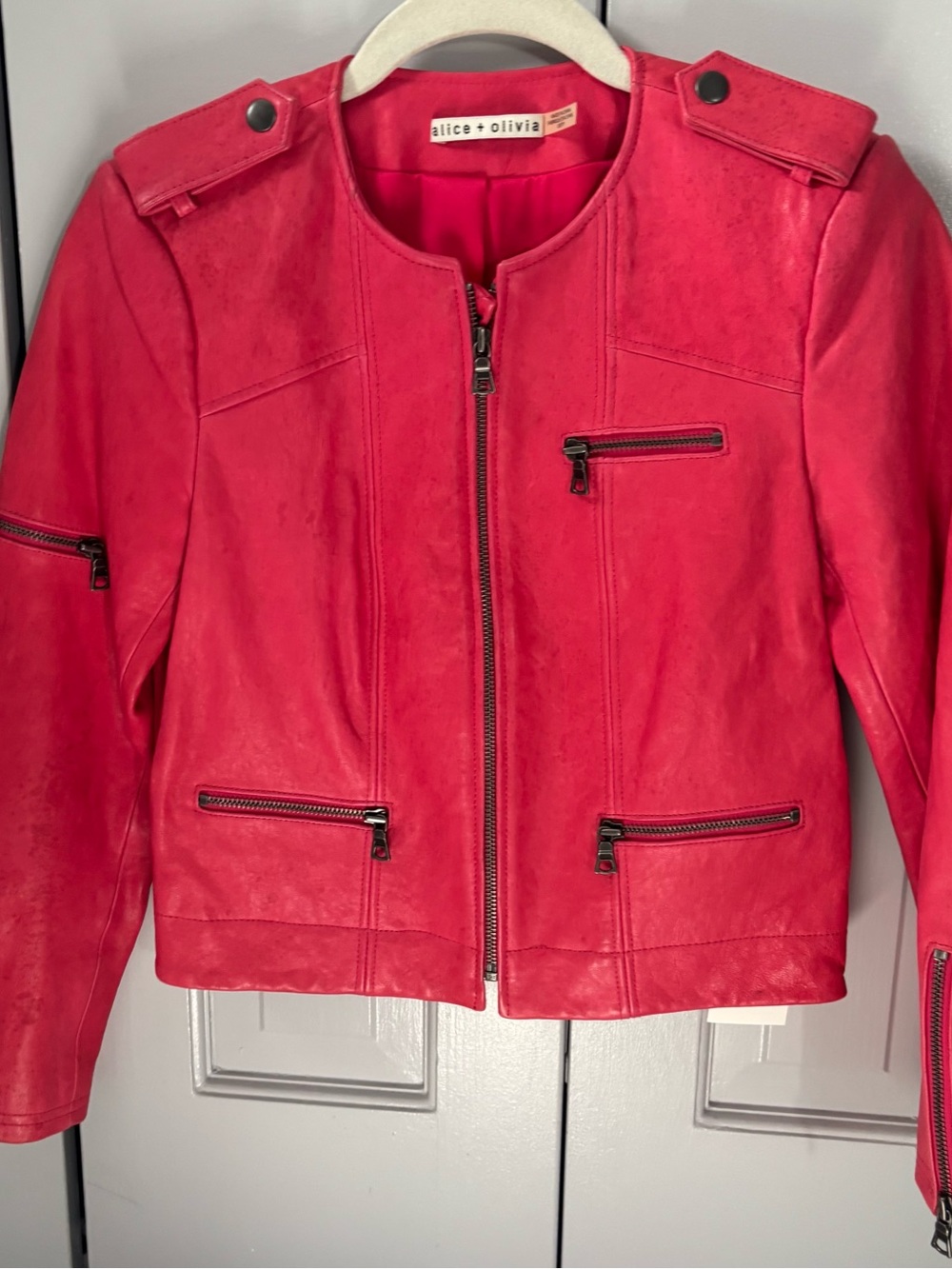 Alice + Olivia Watermelon-colored lamb Leather Moto Jacket xs